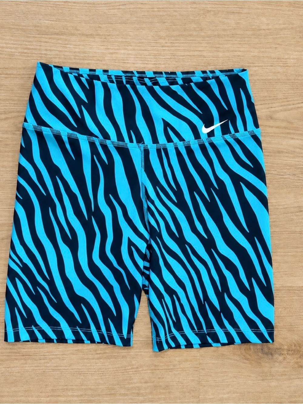 Nike Women’s Turquoise and Navy Zebra-Print One-Piece Swim Short